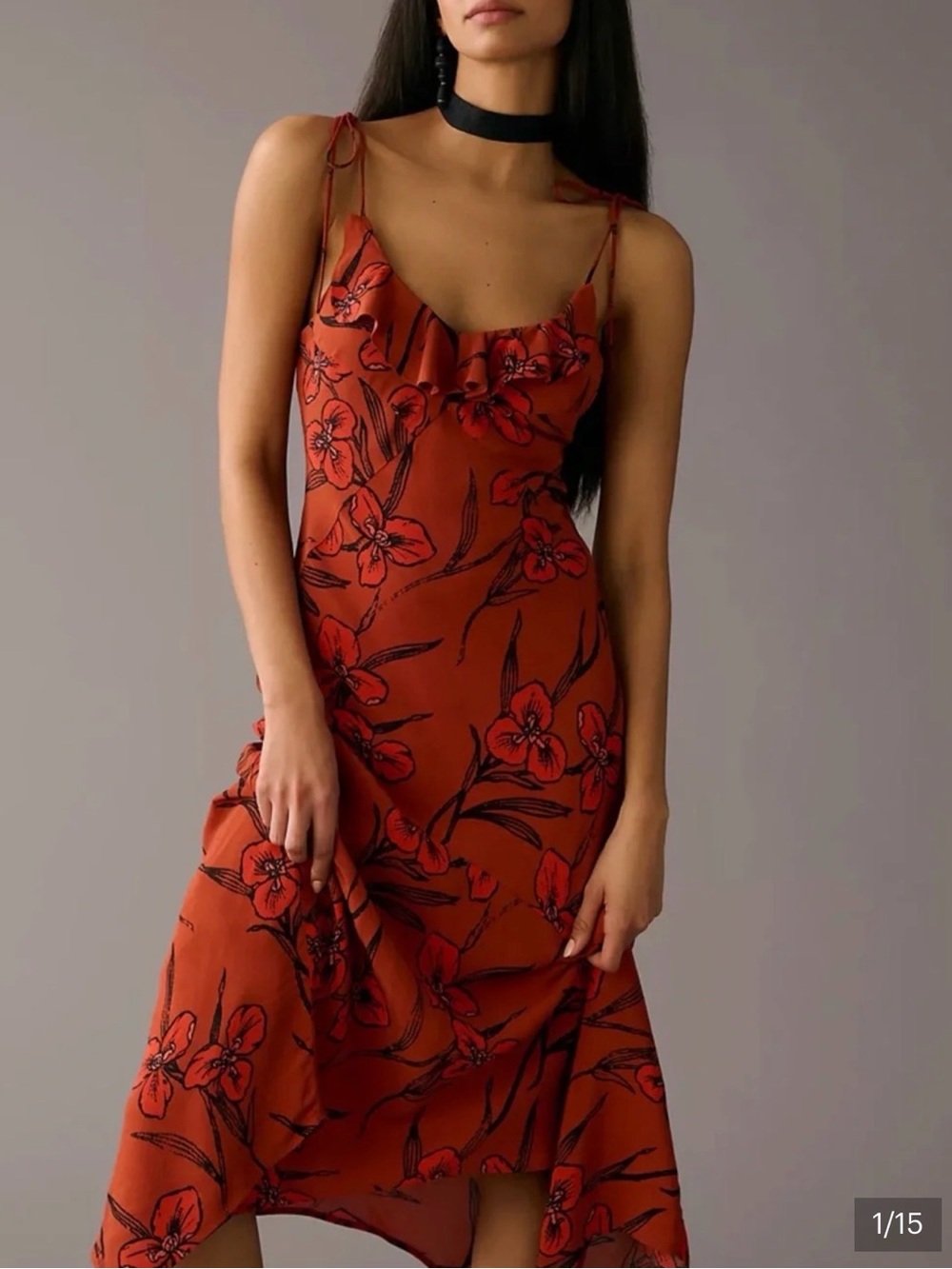 Anthropologie Orange Floral Maxi Slip Dress